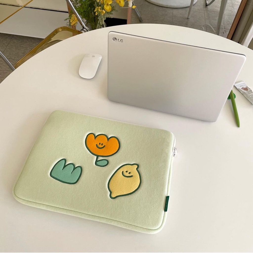 Sleeve Pouch Sarung Tas Bag Case Ipad Tab Tablet Macbook Air Pro Laptop Asus Acer Lenovo HP Huawei 11 12 13 14 15 inch Motif Gambar Lemon Flower Buah Bunga Warna Hijau Kuning Lucu Cute Murah Korean Model