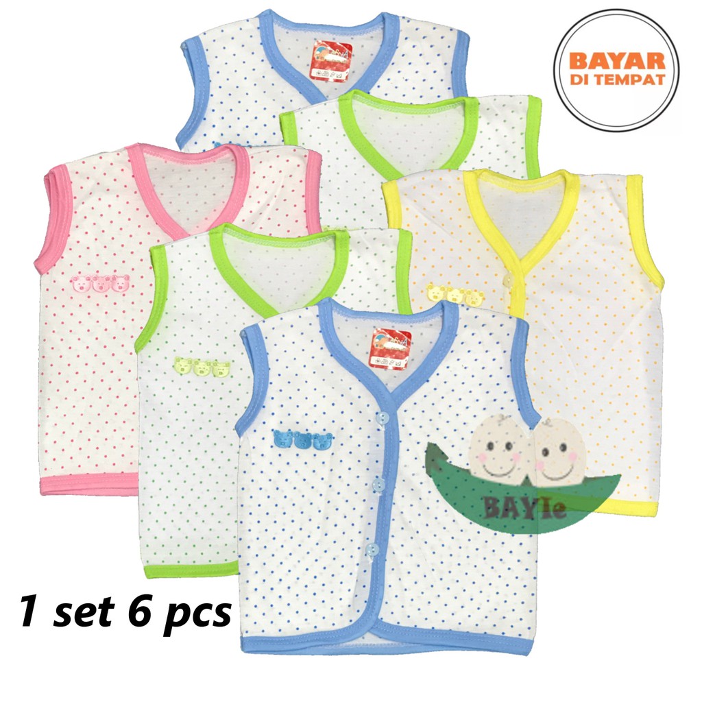 BAYIe - 6 Pcs  Baju Bayi Lengan Kutung Motif POLKADOT TASYA Baru Lahir(New Born) umur 0-3 bulan