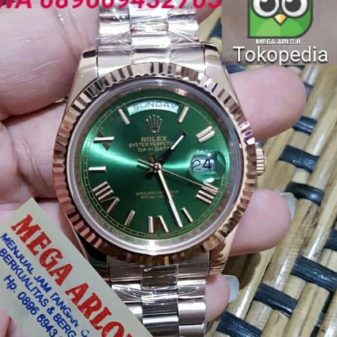 JAM TANGAN COWOK ROLEX DAY-DATE ROSEGOLD HIJAU SUPER PREMIUM AAA