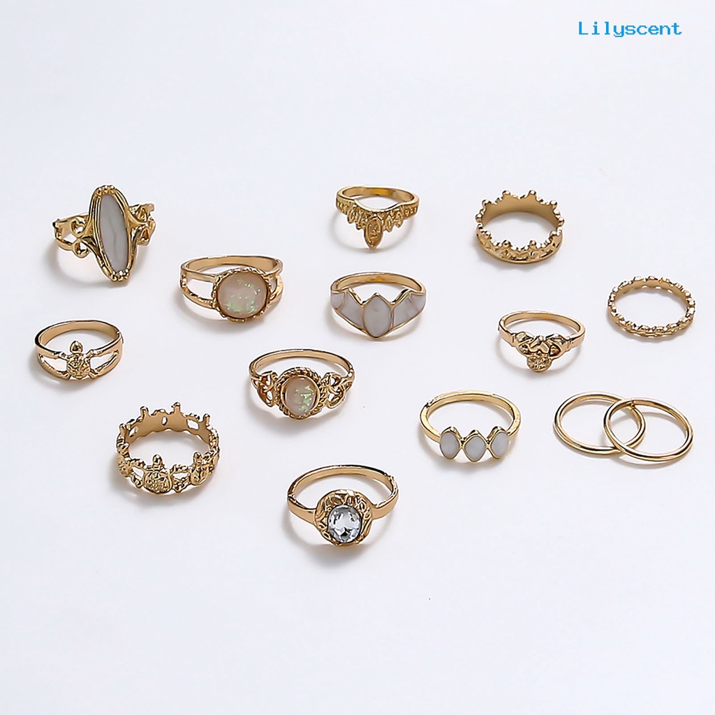 14pcs Cincin Knuckle Model Hollow Stackable Bahan Alloy Aksen Permata Imitasi Gaya Etnik