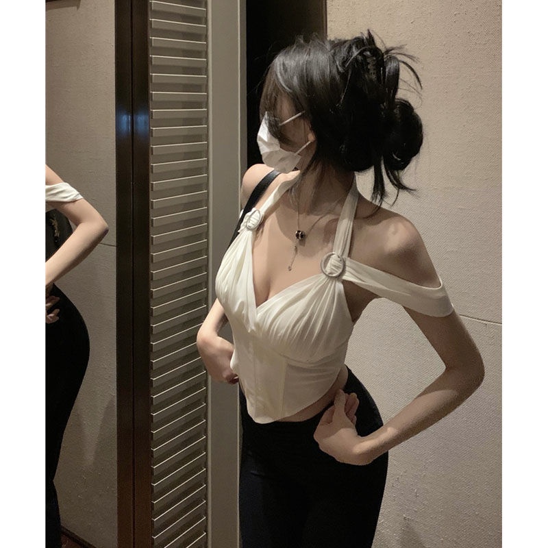 Suhao Putih Kamisol Wanita Musim Panas Bumbu Seksi Chic Irregular Halter Cropped Top