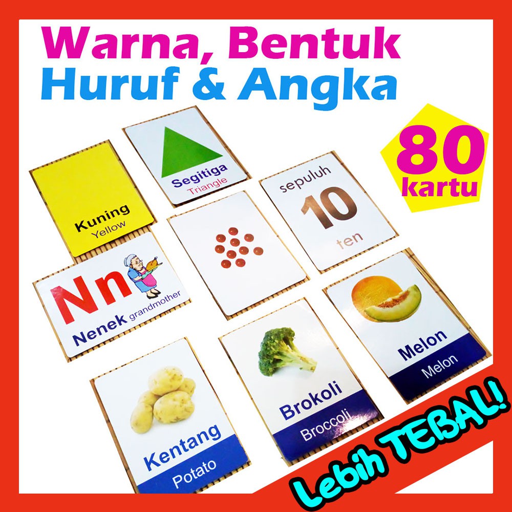 FlashCard Warna Bentuk Huruf  dan Angka Seri 4 Kartu 