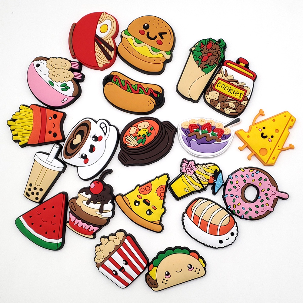 Jibbitz shoe charms Crocs Pin Makanan Hamburger/Kentang Goreng/Minuman Sandal decorate Lubang Sepatu accessories Motif Kartun DIY imut gesper sepatu Bahan