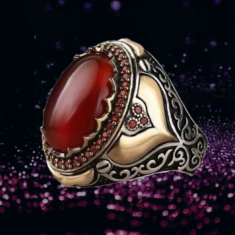 Fancyqube Perhiasan Cincin 925 Sterling Silver Bentuk Mahkota Batu Akik Merah Gaya Vintage Untuk Pria Dan Wanita