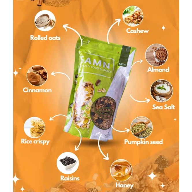 

SAMN FOOD Granola Sereal 400 GR Cemilan Asi Booster Cemilan Diet Sehat Cemilan Sehat Anak BONUS FACE SHILED TERBATAS