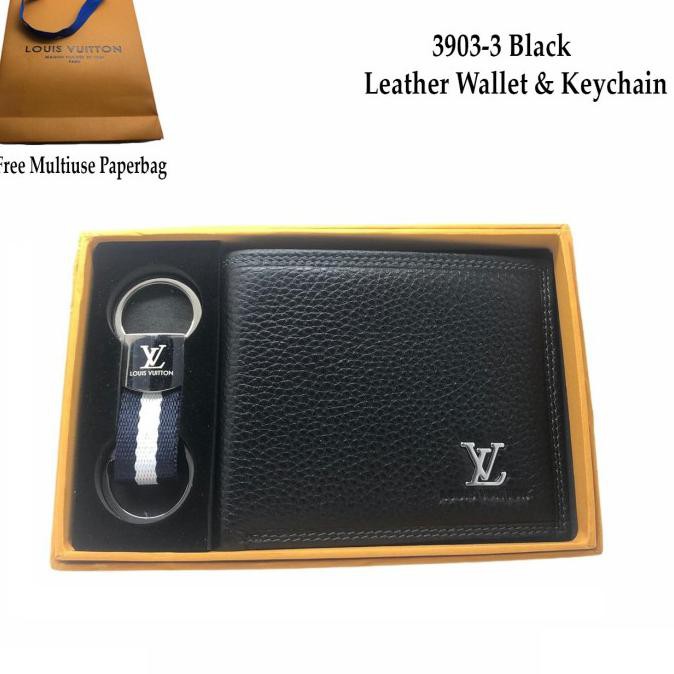 Sale Dompet Lipat Pria Pendek Kulit Asli Set Key Chain Lv 3903-3 - Black Leather Trendi