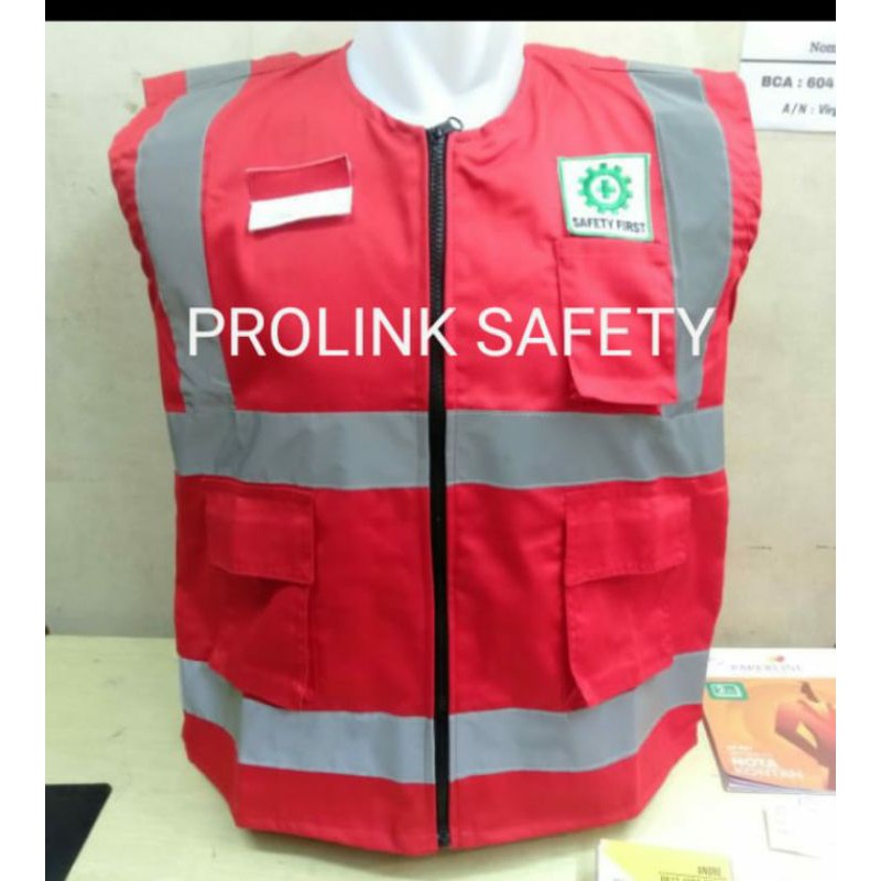 ROMPI SAFETY MERAH BAHAN DRILL FREE TEPRASANG LOGO