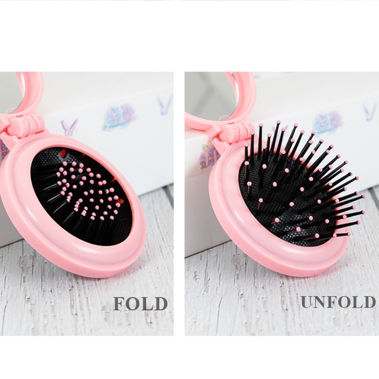 [ORGM] Aksesoris Rambut Sisir Rambut Portable Lipat dengan Cermin Motif Lucu