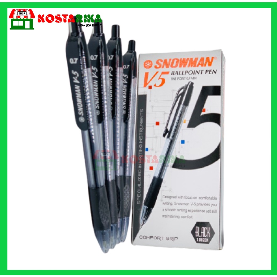 Ballpoint Pena Snowman V5 Pulpen Tinta Hitam dan Biru satuan