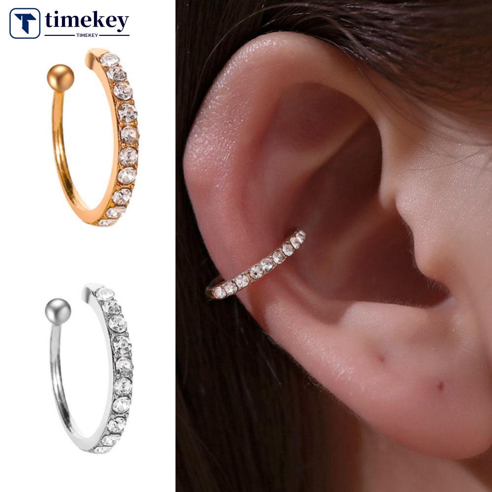 Timekey 1PC Anting Klip Klasik Simple Bentuk C Hias Berlian Imitasi Untuk Wanita A5K1