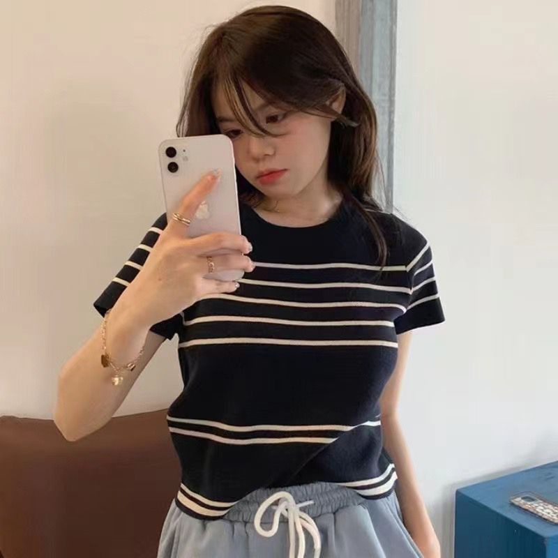 korean style Crop Top T-shirt Knit baju atasan wanita/Lengan Pendek Bergaris Sweater Wanita