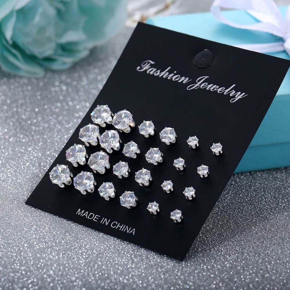 Rebuy Set Anting Mewah Indah Bulat Geometris 12pasang/Set Untuk Wanita Perhiasan Kristal