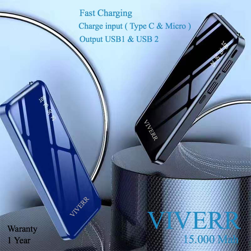 Powerbank Viverr U1 15.000 Mah LED lampu Resmi 1Tahun Small Power Bank Dual Output Murah Berkualitas