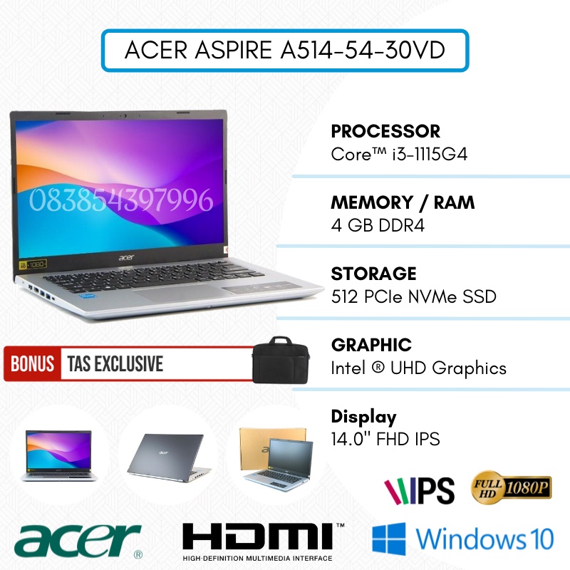 BARU! LAPTOP ACER ASPIRE A514 54 30VD - CORE I3 GEN 11 - RAM 12GB - SSD 512GB + SLOT HDD - 14 INCH IPS FHD - SILVER BLACK - BONUS TAS LAPTOP KEREN - TEKNO KITA