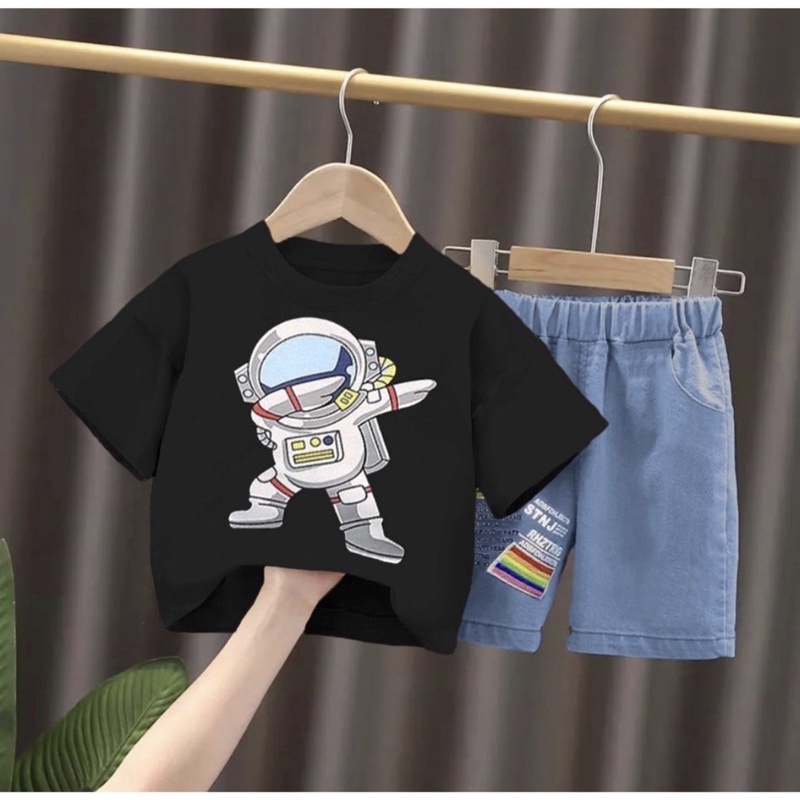 NEW Setelan baju celana denim bayi anak motif nasa astronot usia 6 bulan-5 tahun bahan katun trendy terbaru termurah/Setelan baju celana denim bayi anak laki laki/ Setelan baju celana denim bayi anak cowok/ Setelan baju celana denim bayi anak perempuan