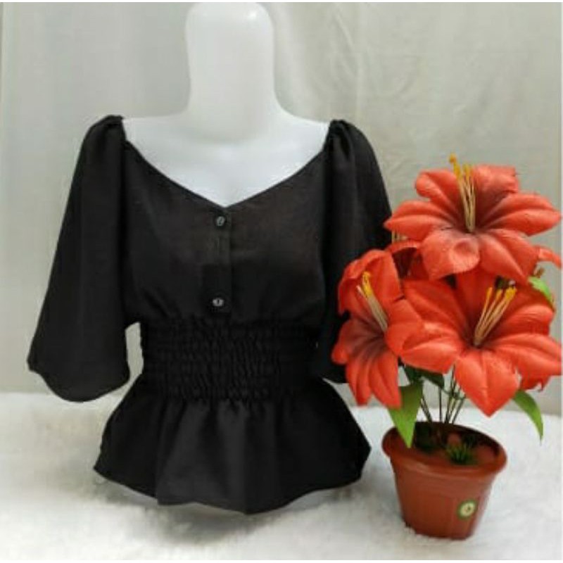 ilona blouse v kancing 3 kerut pinggang