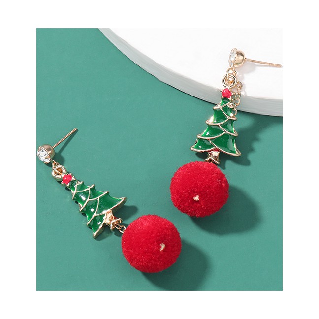 LRC Anting NATAL Fashion Christmas Tree With Red Balls Hair Ball Alloy Oil Dripping Christmas Tree