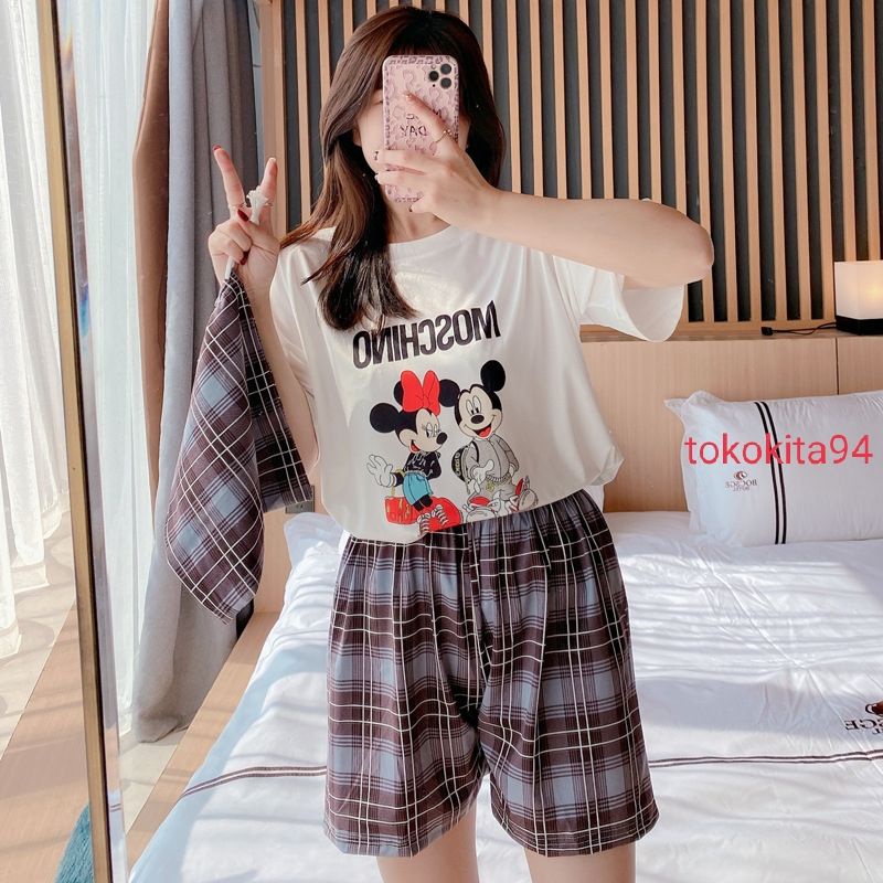 Piyama Korea Import Lengan Pendek 1 Set Free Pouch - Pakaian Wanita Korea Import - Baju Tidur Pakaian Wanita 3 in 1