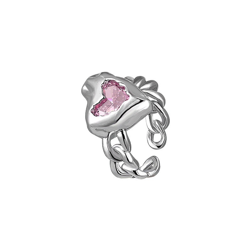 Cincin Model Terbuka Adjustable Bentuk Hati Aksen Zircon Warna Pink Gaya Hip Hop