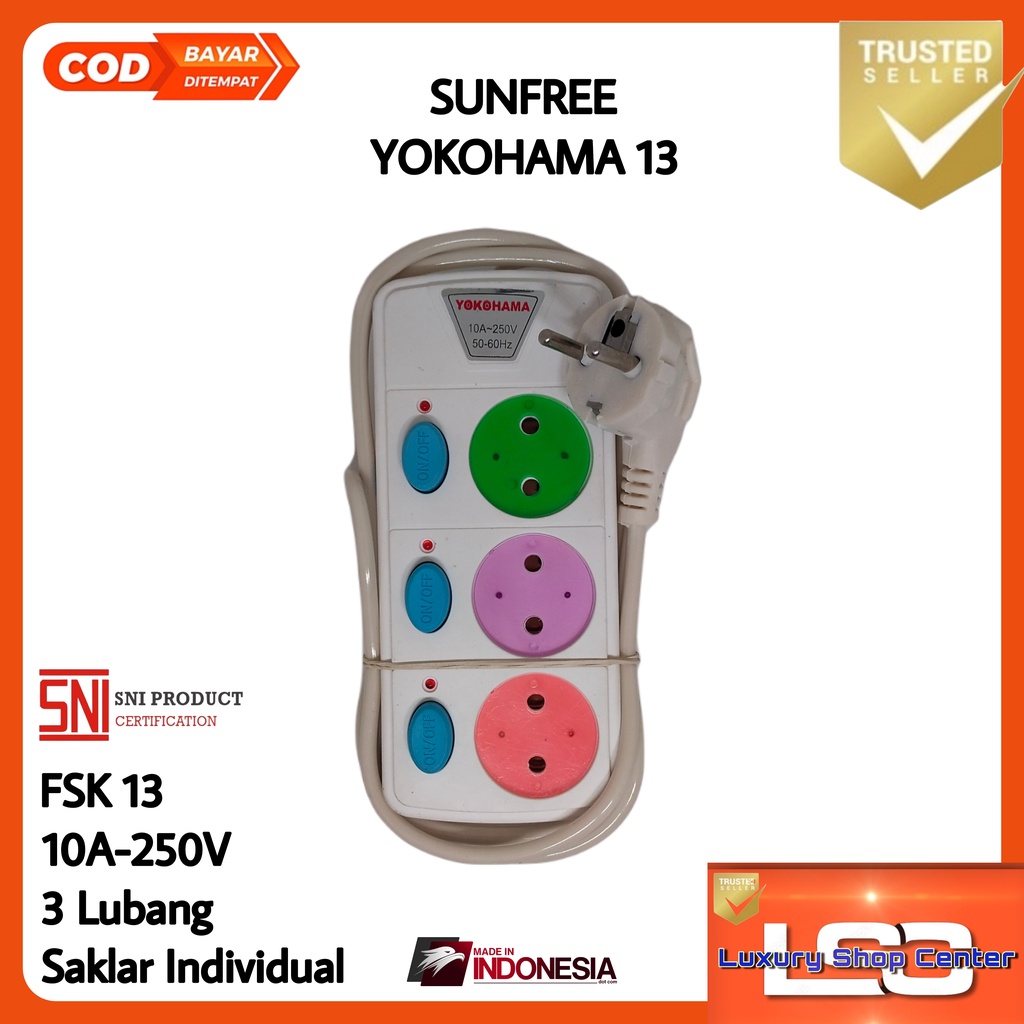 Stop Kontak saklar SUNFREE YOKOHAMA 13,14,15 Stop kontak 3, 4, 5 lubang + saklar individual, kabel colokan 1.8meter Ber-SNI