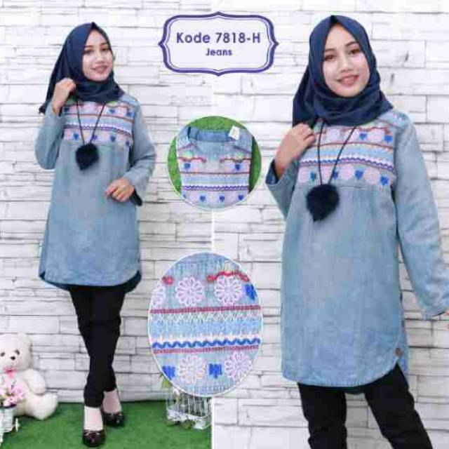Atasan jeans bordir pink