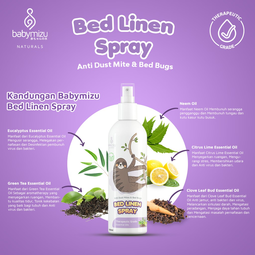 BABYMIZU Bed Linen Spray Natural - Spray Anti Tungau, Kutu Kasur, Kutu Busuk, Semut, Kecoa, Anti Bacterial &amp; Anti Virus