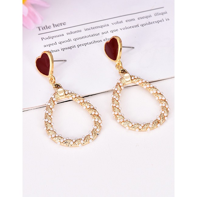 LRC Anting Tusuk Fashion Gold Alloy Love Pearl Drop Ear Stud Earrings F50965