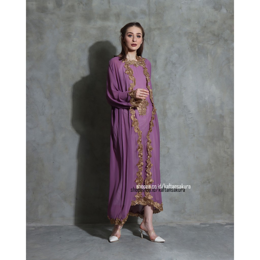 KAFTAN KAPUCONG HOODIE WARNA UNGU MUDA BORDIR MELINGKAR BAHAN SIFFON LEBARAN 2021 GRABSOMEDAY