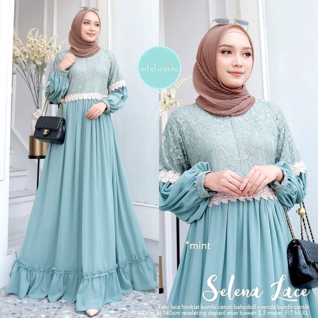 Gamis Brukat Dress Ceruty Babydoll Selena Lace Maxy Baju Busui Friendly Gamis Kondangan Jumbo Busana Muslim Wanita Terbaru