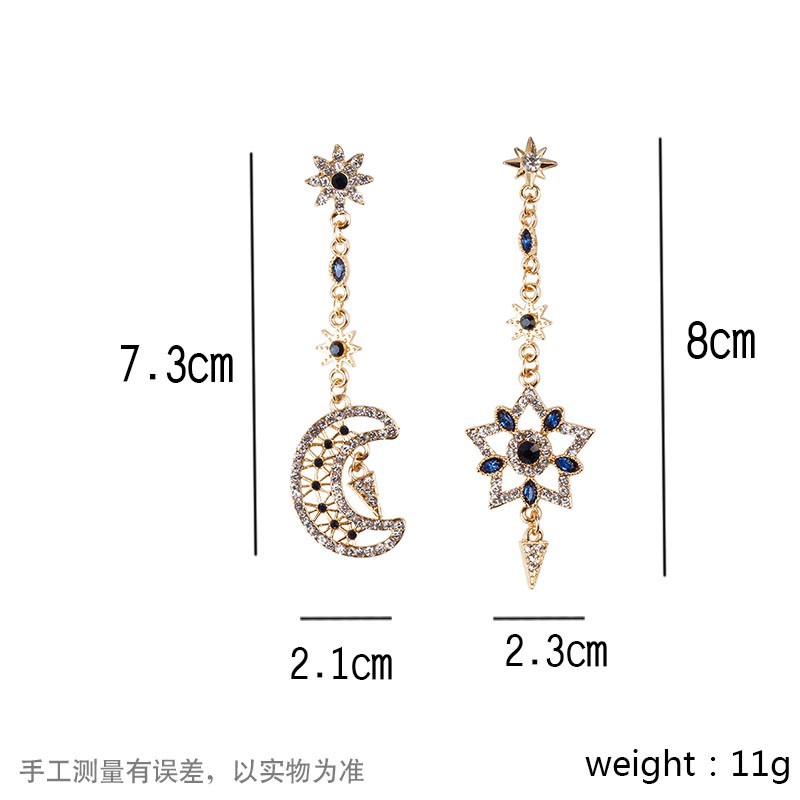 Anting Tusuk Gantung Asimetris Bahan Sterling Silver 925 Desain Bulan + Bintang Gaya Korea / Trendy Untuk Wanita