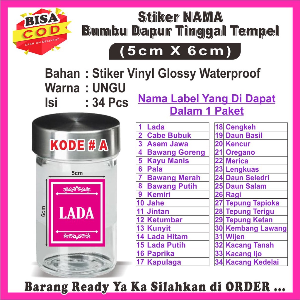 

COD✔ Stiker Label Nama Bumbu Dapur Tahan Air Isi 34 Pcs ukuran 5x6cm Ready Stock
