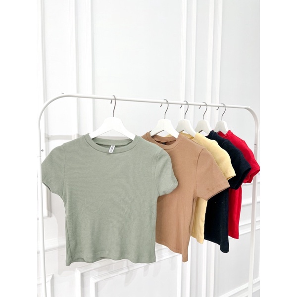 H&M Ribbed Crop Top / Crop Tee Wanita Lengan Pendek Bahan Katun / Packing Ramah Lingkungan - Code 10