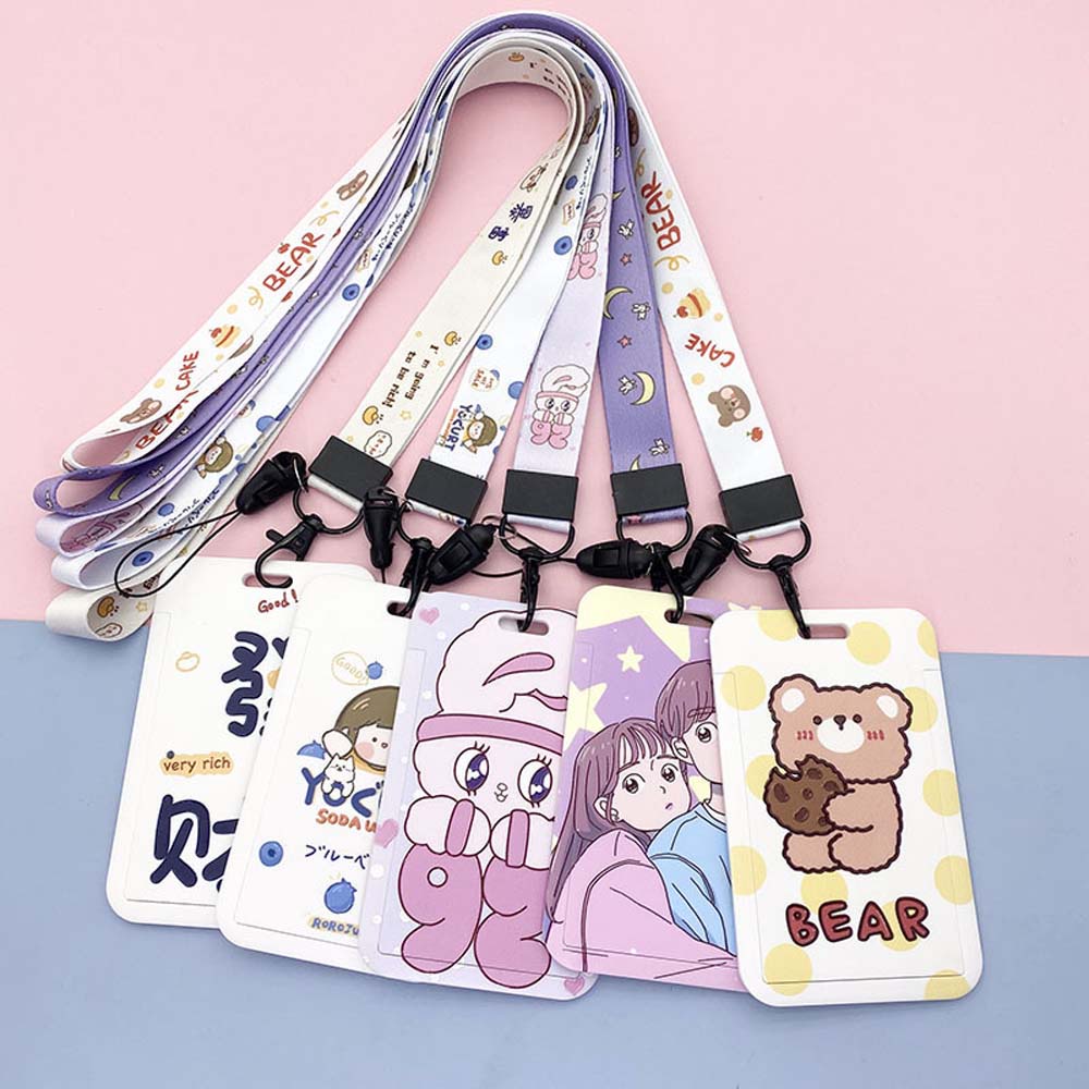 QUINTON Cute Card Holder with rope Cartoon Card Protective Cover ID Badge Holder Bank Credit Card Office School Name Tags Sliding Cover Work Card Soft Badge Case