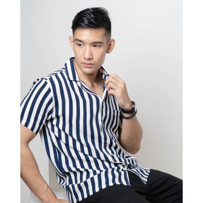 RIBSGOLD Shirt Man Bowling / Kemeja Salur Belang Pria - Putih Navy, M