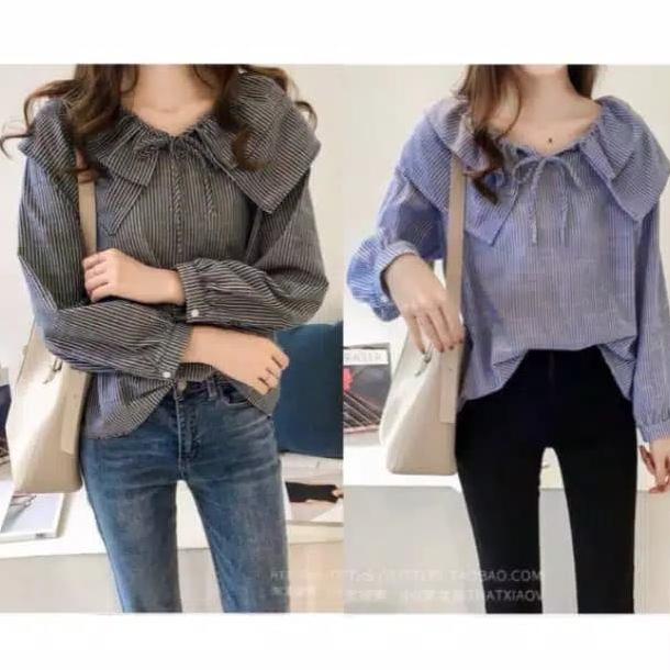 Blouse Korea Collar Hem Shirt Baju Wanita Bluss Unik Modern Jepang