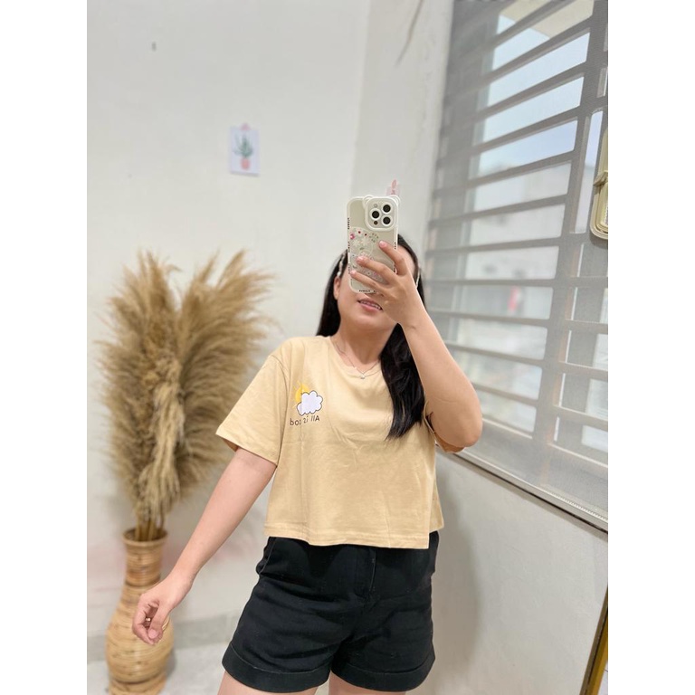 CROP BEIGE MOTIF ONECK COTTON OVERSIZE | BAJU KAOS TUMBLR CROP TEE TSHIRT KAOS KOREA FASHION WANITA