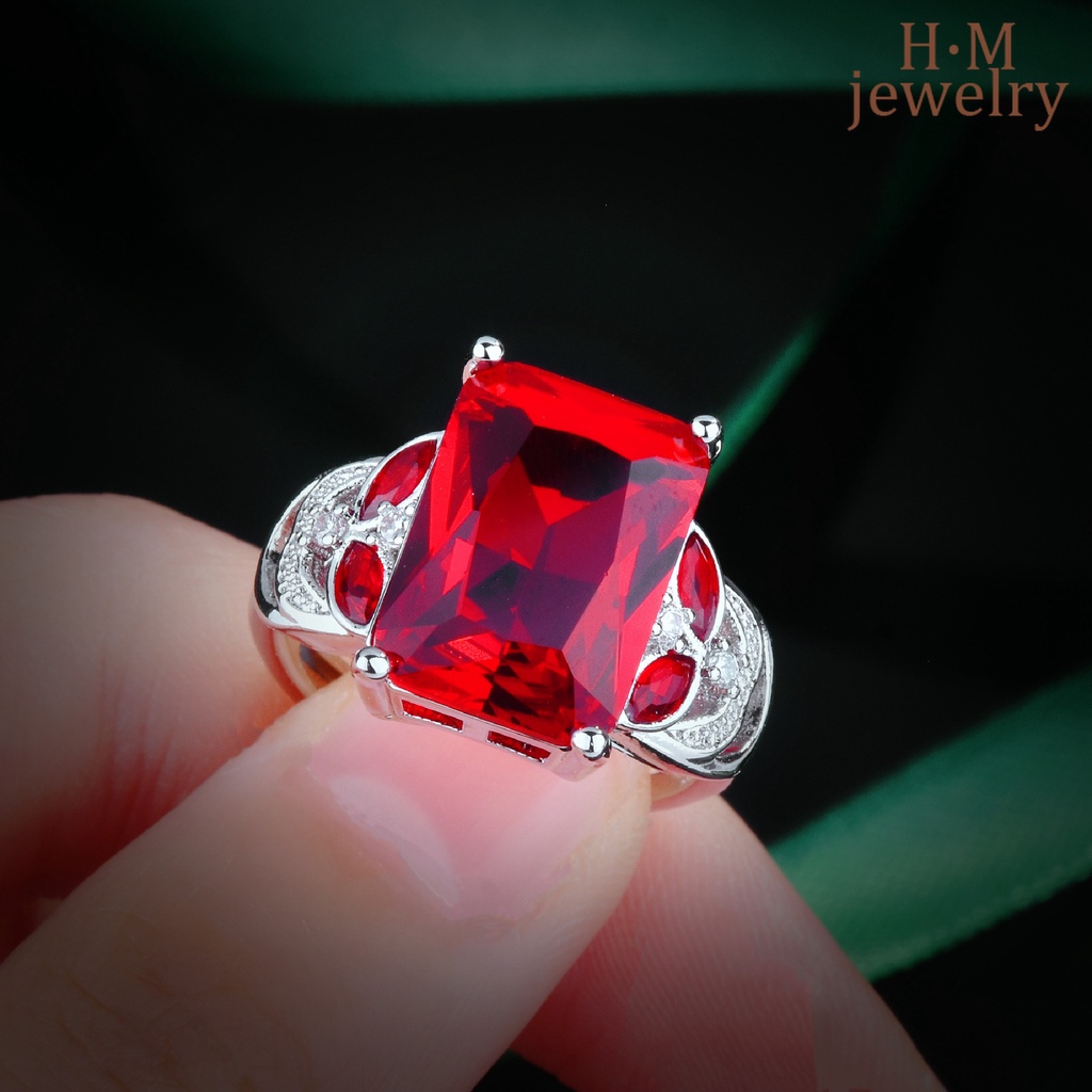 Cincin Berlian Ruby Merah Bentuk Kotak