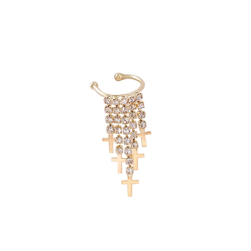 Anting Klip Tanpa Tindik Model Rumbai Bahan Metal Aksen Berlian Gaya Korea