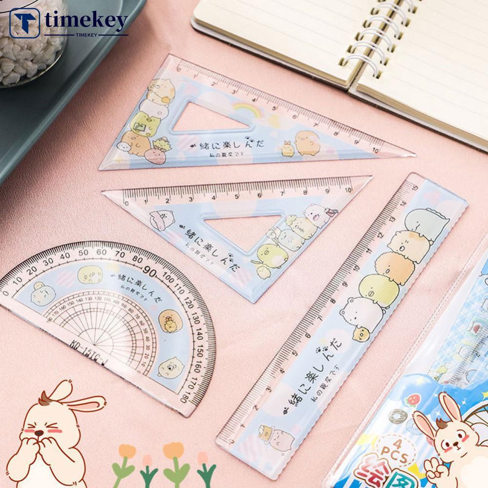 Timekey 4pcs / set Penggaris Segitiga Motif Kartun Lucu Untuk Stationery Anak / Sekolah / Kantor G9O2