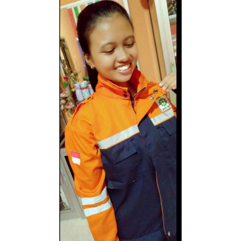 SERAGAM SAFETY ATASAN SEMI JAKET DONGKER KOMBINASI ORANYE RESLETING