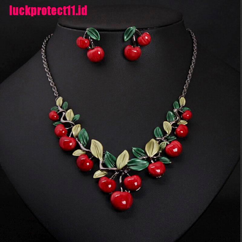 (LUCK) 1 Set Kalung Choker + Anting Tusuk Motif Buah Ceri Merah Untuk Wanita / Pesta Pernikahan