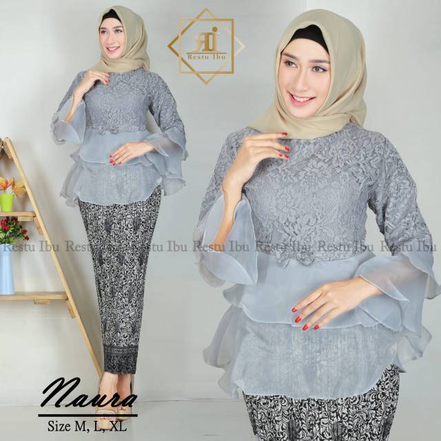 Setelan kebaya brukat mix organza / kebaya modern / set naura / maroon / navy / abu / coksu / gold