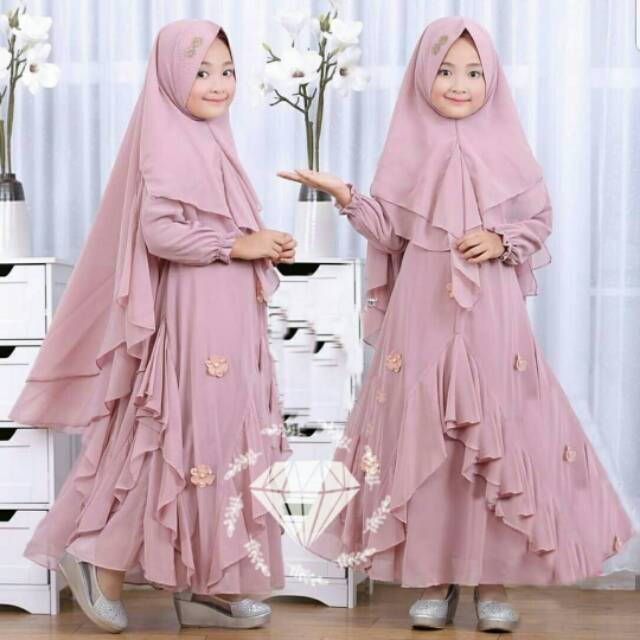 Gamis Anak Sar'i Set Gamis anak Kayla Kids usia 7 8 9  tahun Set Baju Muslim Anak  bahan wollpeach