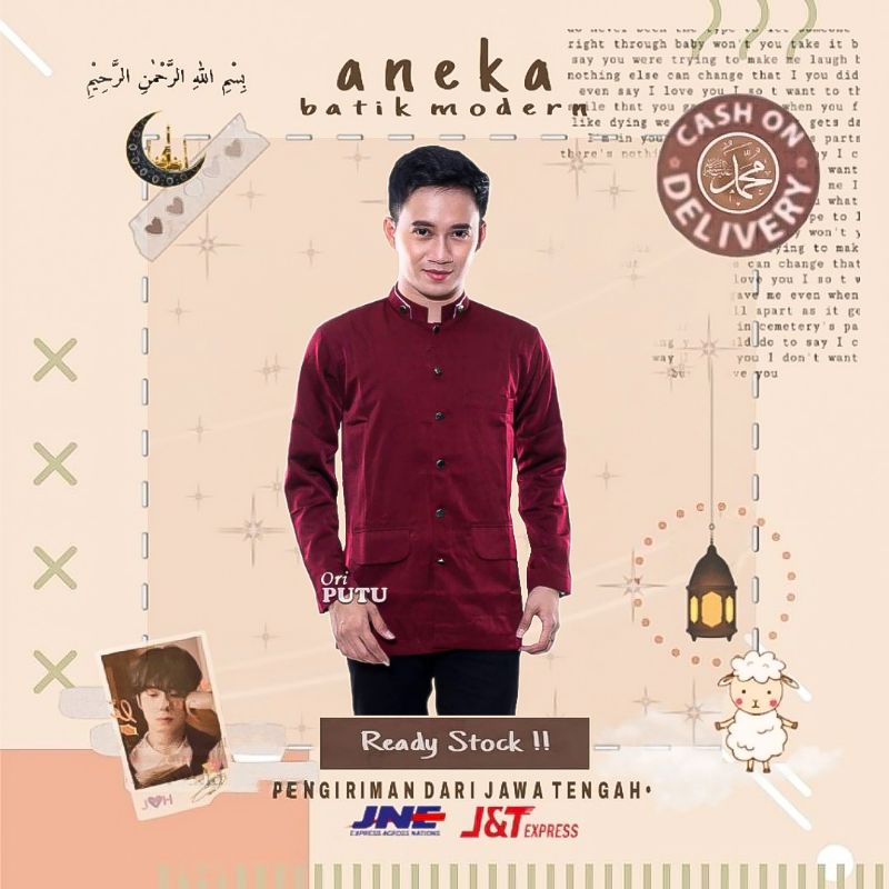 ATASAN MUSLIM PRIA BAJU KOKO JASKO LENGAN PANJANG KANCING POLOSAN M L XL XXL WARNA MERAH MAROON HITA