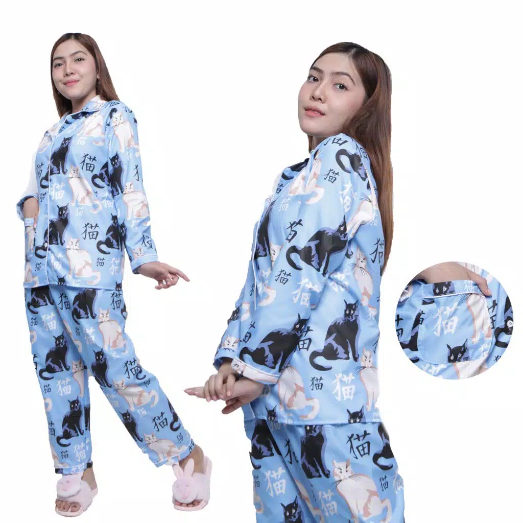 BJ-Piyama PP Wanita Murah Dewasa Motif Karakter -  Baju tidur Lengan Panjang-Sitting Cat