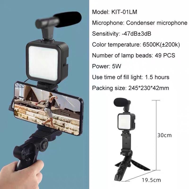 Paket Vlog Kit Tripod AY49 + Mikrofon LED Ligthning Remote Bluetooth