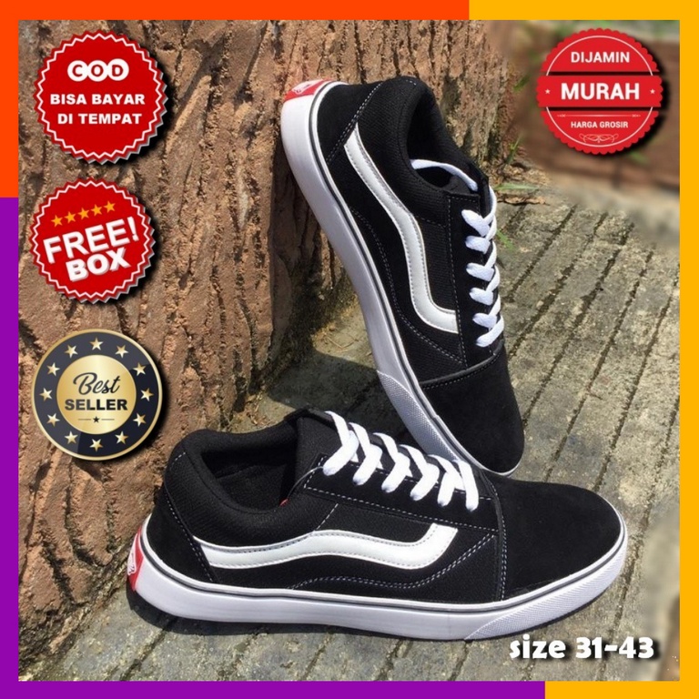 Sepatu Pria Wanita Vans Old Skool Hitam Strip Putih