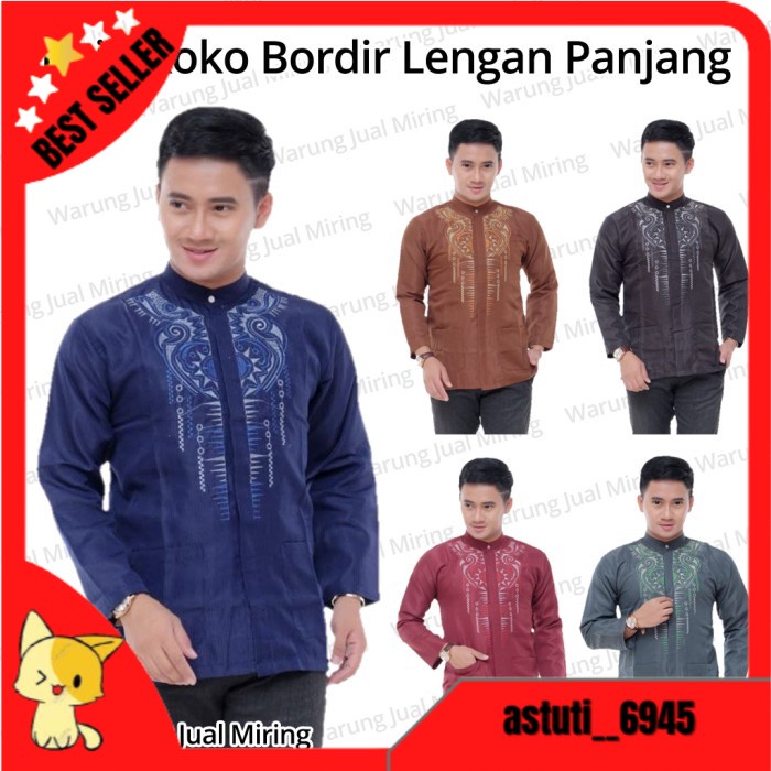 Baju Koko Lengan Panjang Bordir Kemeja Pria Laki Kokoh Dewasa Muslim - Hijau Muda, Ukuran Random
