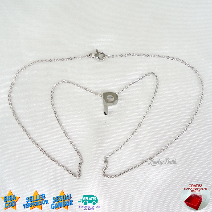 Lovelybutik Kalung Titanium Inisial Abjad Nagita 4ccent Kalung Alfabet Huruf Titanium J,K,PV,W Warna Silver Bonus Kotak Perhiasan