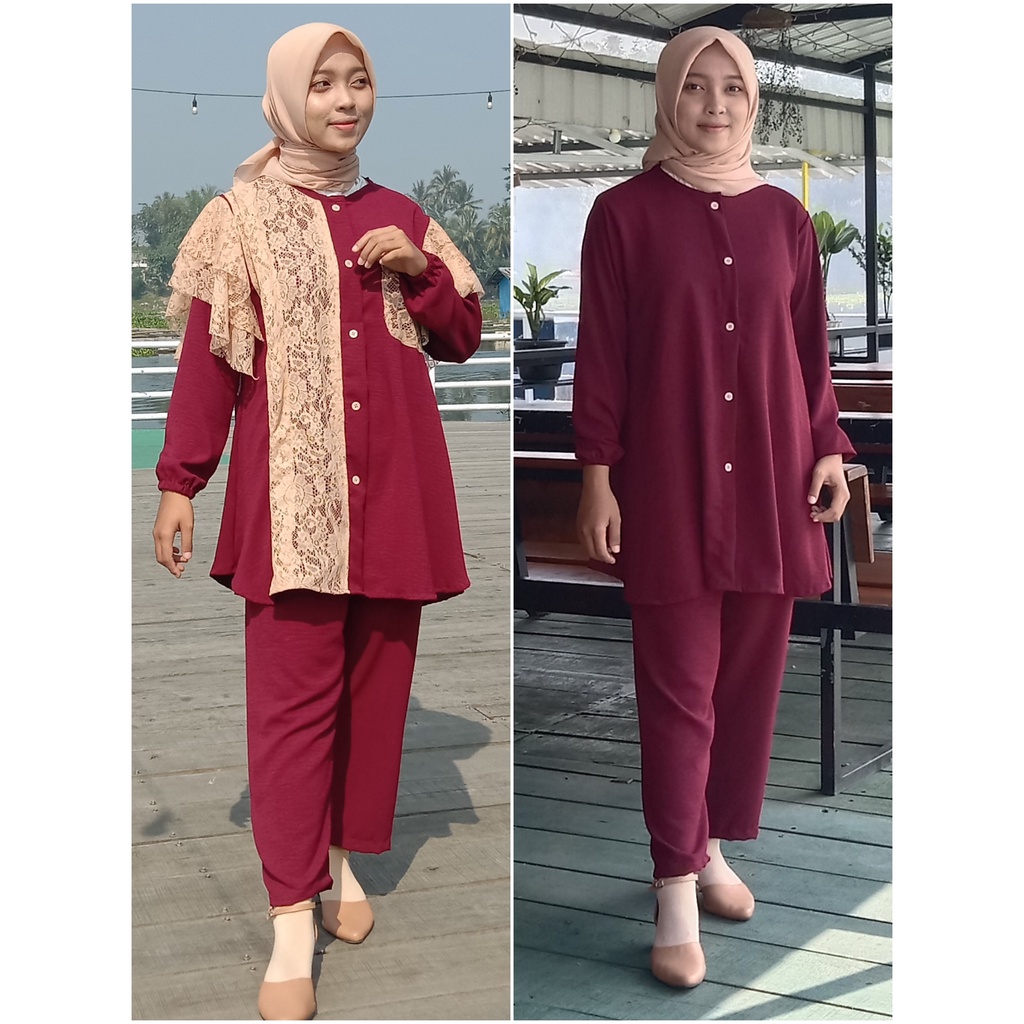 One Set Crinkle Variasi Brukat dan Polos , Stelan Kekinian